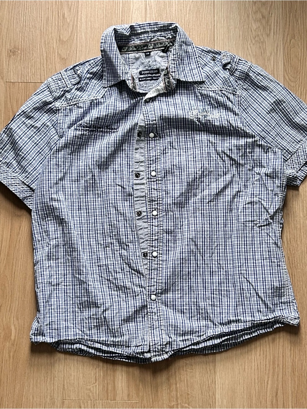 Men's Short-Sleeve Plaid Button-Up Shirt - Blue/White